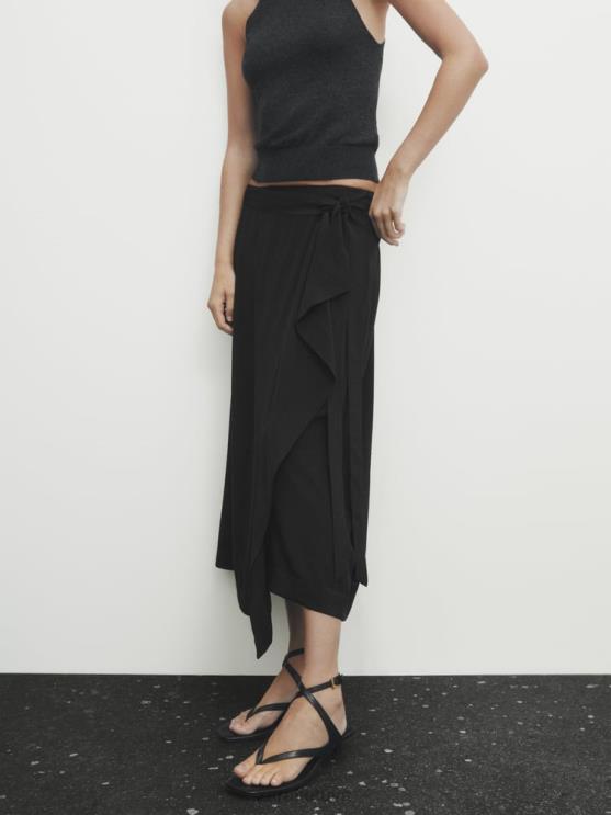 moterys Zara kontrastingai krentantis midi sijonas juodas apranga 4N488844