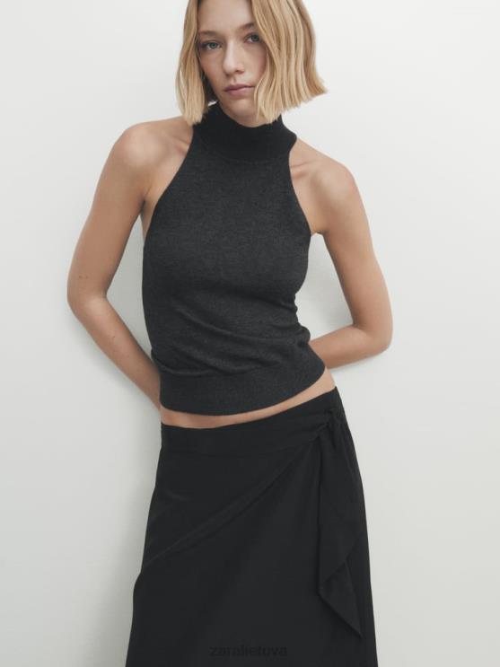 moterys Zara kontrastingai krentantis midi sijonas juodas apranga 4N488844