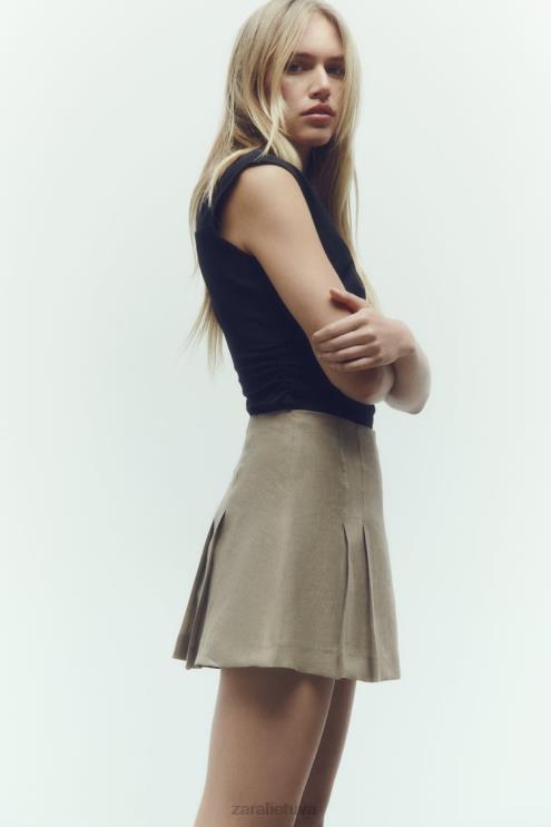 moterys Zara lino dėžutė klostuotas skortas smėlio spalvos apranga 4N488688
