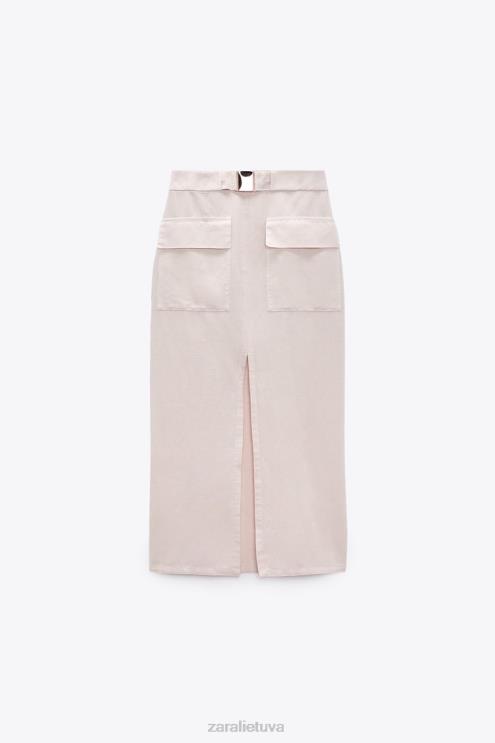 moterys Zara lino mišinio midi cargo sijonas ekru apranga 4N488713