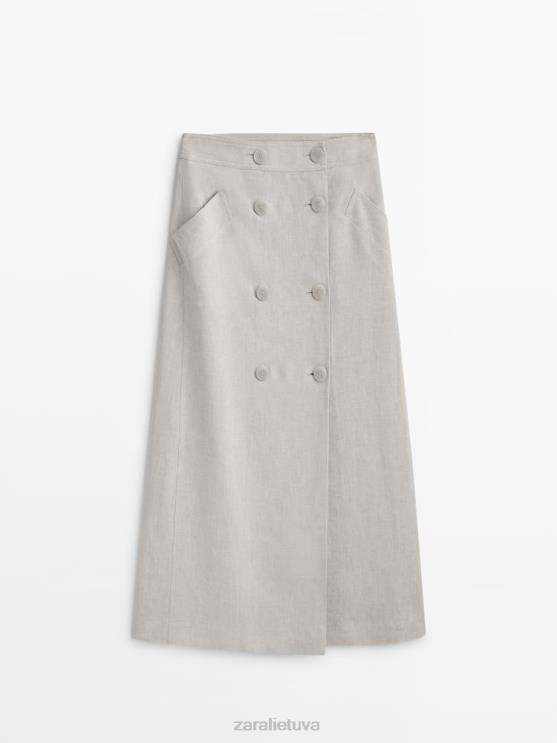 moterys Zara lino mišinio midi sijonas su dviem sagomis ekru apranga 4N488857