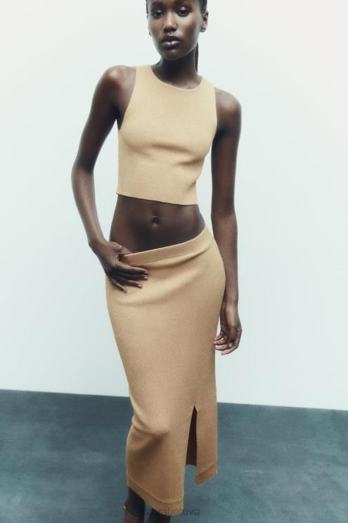 moterys Zara megztas metaliniu siūlu midi sijonas auksinis apranga 4N488720