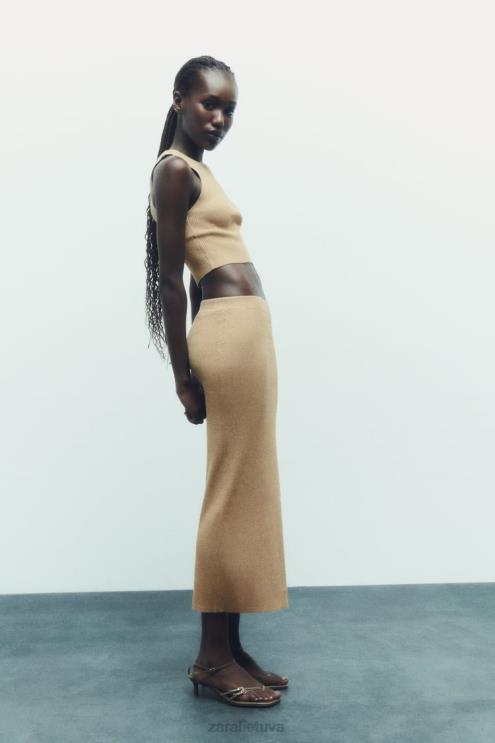 moterys Zara megztas metaliniu siūlu midi sijonas auksinis apranga 4N488720