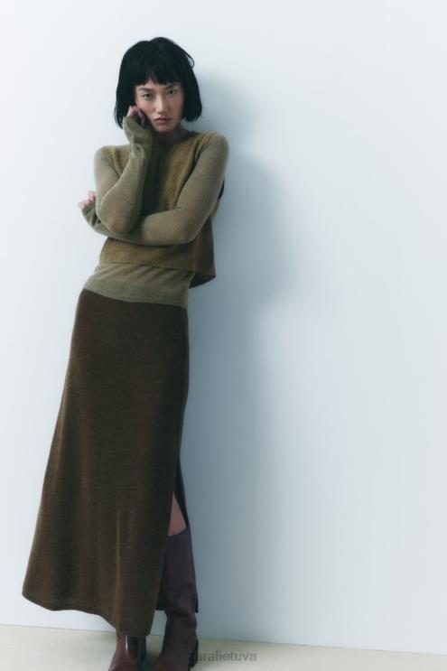 moterys Zara megztas midi sijonas tamsiai alyvuogių apranga 4N488641