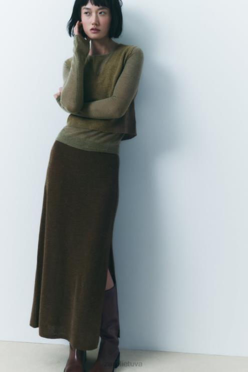 moterys Zara megztas midi sijonas tamsiai alyvuogių apranga 4N488641