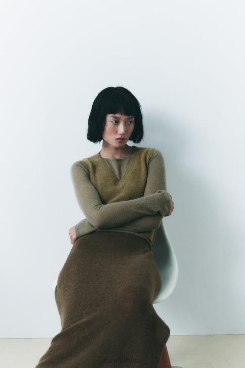 moterys Zara megztas midi sijonas tamsiai alyvuogių apranga 4N488641