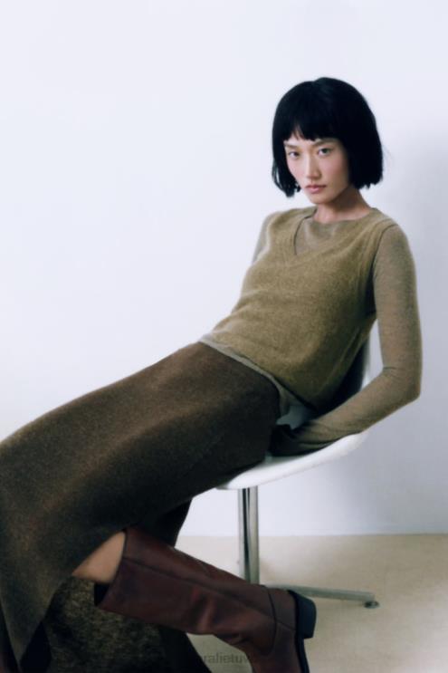 moterys Zara megztas midi sijonas tamsiai alyvuogių apranga 4N488641