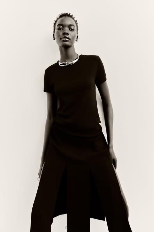 moterys Zara midi sijonas su juostelėmis juodas apranga 4N488690