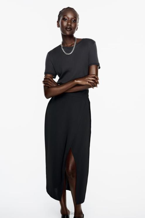 moterys Zara midi sijonas su skeltuku juodas apranga 4N488651