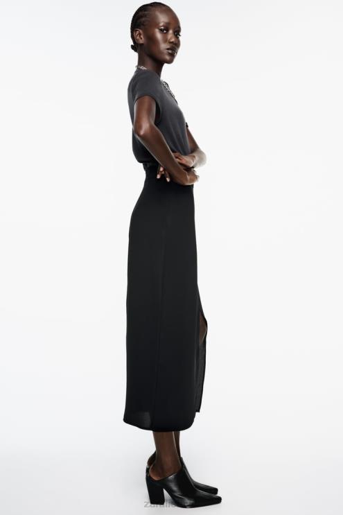 moterys Zara midi sijonas su skeltuku juodas apranga 4N488651