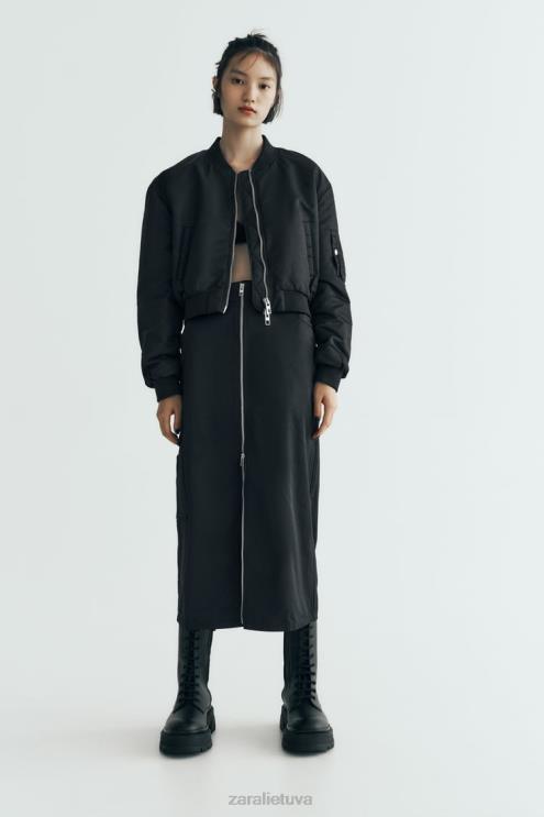 moterys Zara nailoninis sijonas su užtrauktuku juodas apranga 4N488634