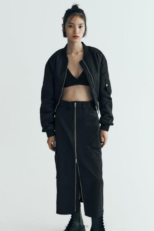 moterys Zara nailoninis sijonas su užtrauktuku juodas apranga 4N488634