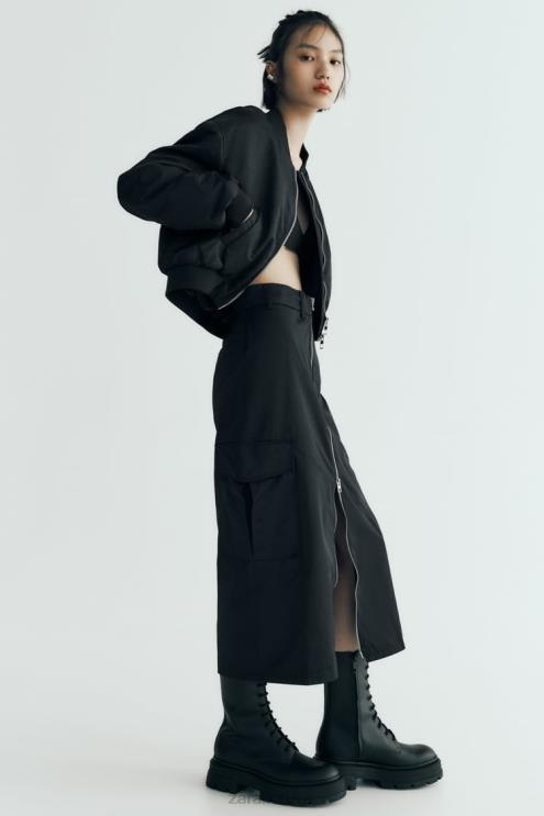 moterys Zara nailoninis sijonas su užtrauktuku juodas apranga 4N488634