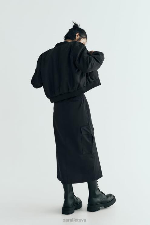 moterys Zara nailoninis sijonas su užtrauktuku juodas apranga 4N488634