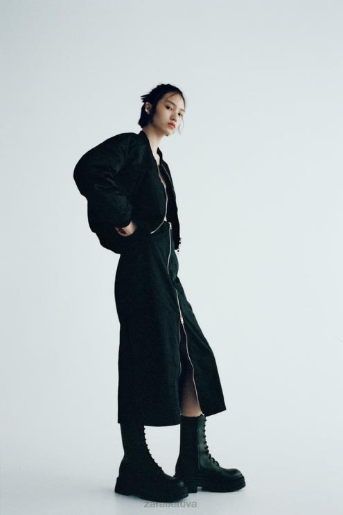 moterys Zara nailoninis sijonas su užtrauktuku juodas apranga 4N488634