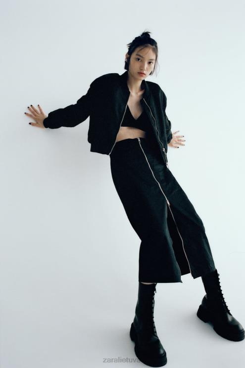 moterys Zara nailoninis sijonas su užtrauktuku juodas apranga 4N488634