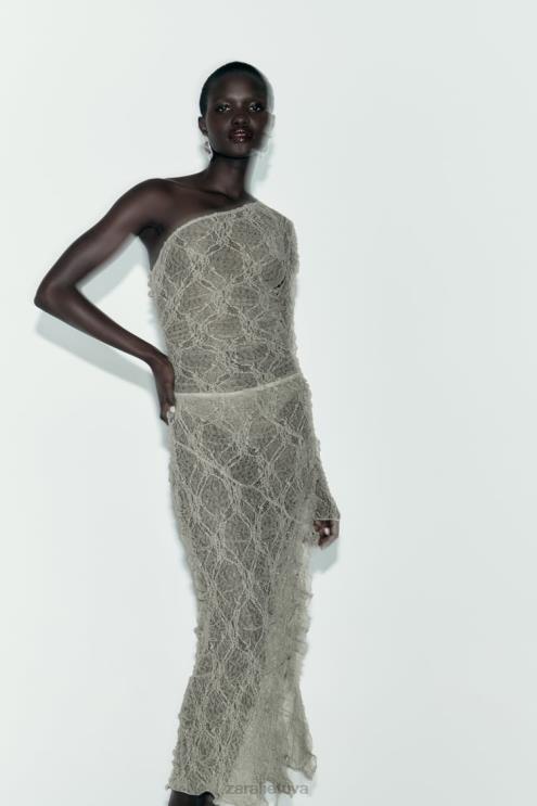 moterys Zara raištytas nėriniuotas midi sijonas šviesus chaki apranga 4N488704