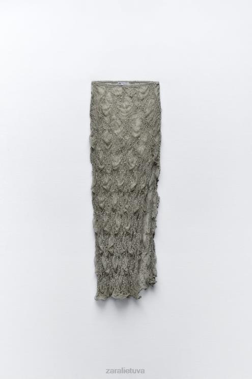 moterys Zara raištytas nėriniuotas midi sijonas šviesus chaki apranga 4N488704