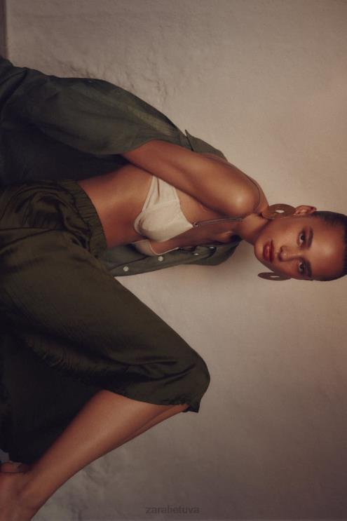 moterys Zara satino efekto ilgas sijonas chaki apranga 4N488674