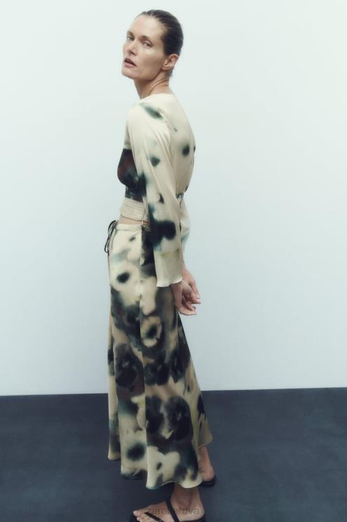 moterys Zara satino efekto midi sijonas su kaklaraiščiais įvairiaspalvis apranga 4N488701