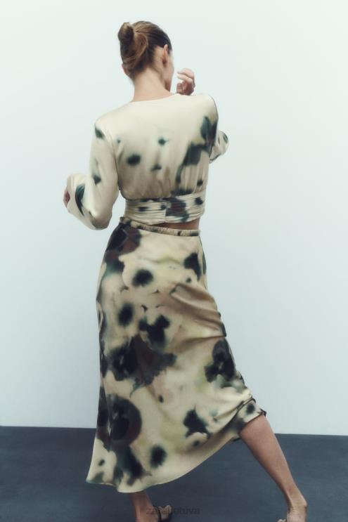 moterys Zara satino efekto midi sijonas su kaklaraiščiais įvairiaspalvis apranga 4N488701