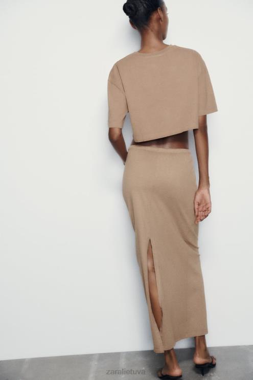 moterys Zara skalbto efekto midi sijonas šviesiai ruda apranga 4N488686