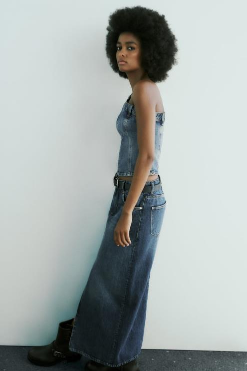 moterys Zara trf ilgas džinsinis sijonas tamsiai mėlyna apranga 4N488650