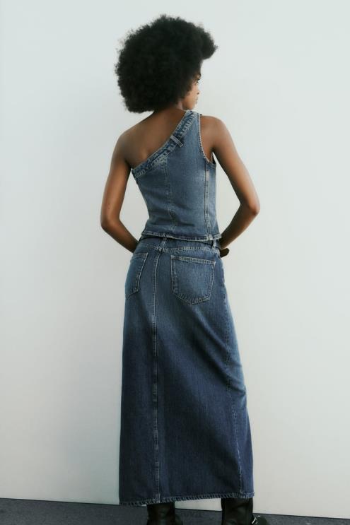 moterys Zara trf ilgas džinsinis sijonas tamsiai mėlyna apranga 4N488650