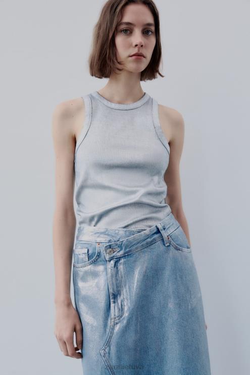 moterys Zara trf metalinis džinsinis asimetrinis sijonas sidabras apranga 4N488679