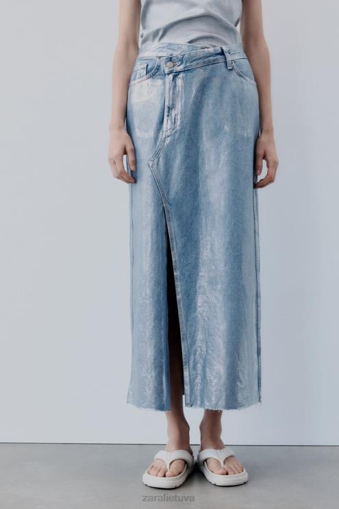 moterys Zara trf metalinis džinsinis asimetrinis sijonas sidabras apranga 4N488679