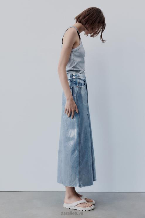 moterys Zara trf metalinis džinsinis asimetrinis sijonas sidabras apranga 4N488679