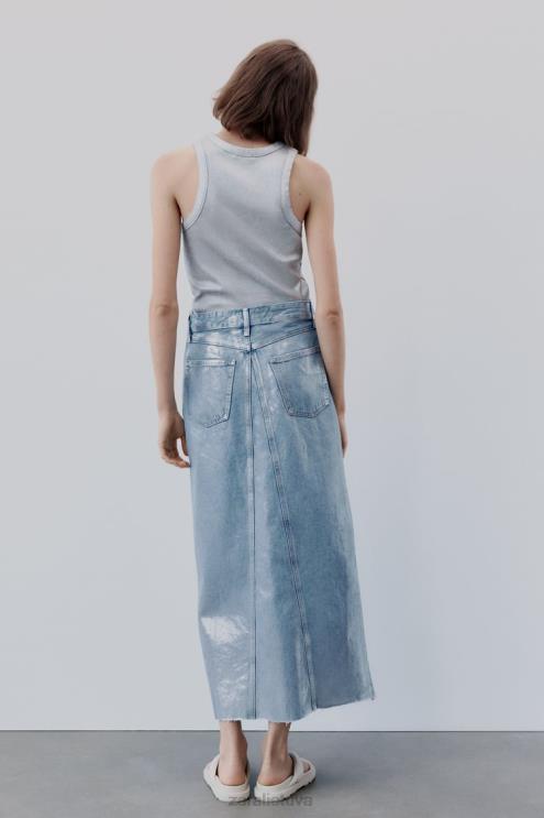 moterys Zara trf metalinis džinsinis asimetrinis sijonas sidabras apranga 4N488679