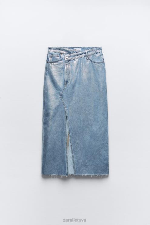 moterys Zara trf metalinis džinsinis asimetrinis sijonas sidabras apranga 4N488679