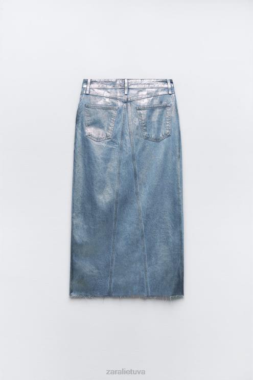 moterys Zara trf metalinis džinsinis asimetrinis sijonas sidabras apranga 4N488679