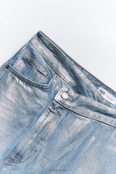 moterys Zara trf metalinis džinsinis asimetrinis sijonas sidabras apranga 4N488679