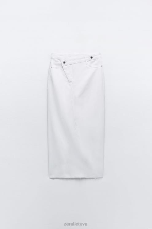 moterys Zara z1975 apvyniotas juosmens džinsinis midi sijonas baltas apranga 4N488699