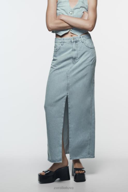 moterys Zara z1975 džinsinis midi sijonas su plyšimu priekyje pilka apranga 4N488693