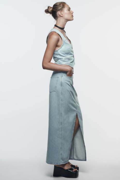 moterys Zara z1975 džinsinis midi sijonas su plyšimu priekyje pilka apranga 4N488693