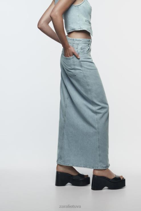 moterys Zara z1975 džinsinis midi sijonas su plyšimu priekyje pilka apranga 4N488693