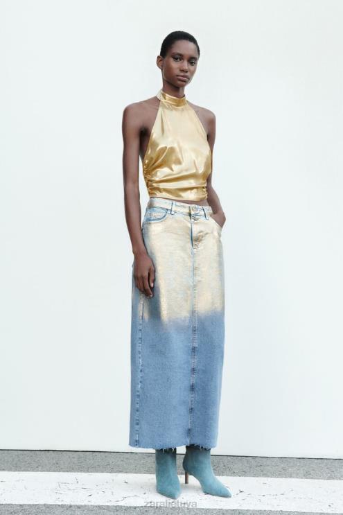 moterys Zara z1975 metalinis džinsinis sijonas vidurio mėlyna apranga 4N488682