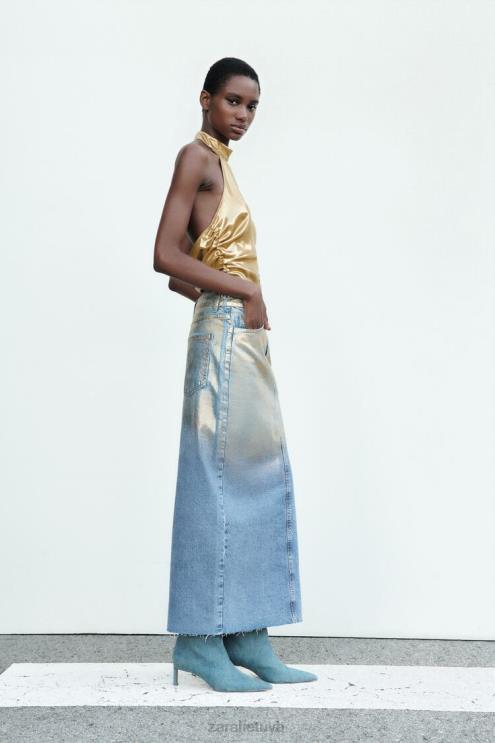moterys Zara z1975 metalinis džinsinis sijonas vidurio mėlyna apranga 4N488682