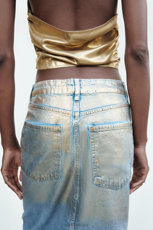 moterys Zara z1975 metalinis džinsinis sijonas vidurio mėlyna apranga 4N488682