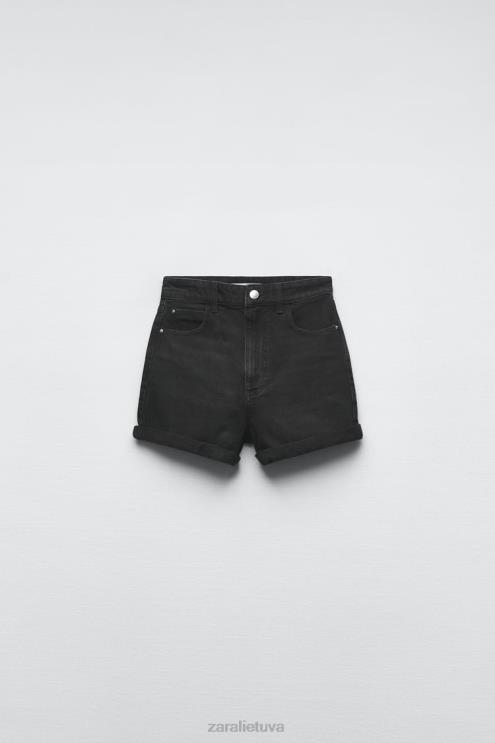 moterys Zara 1975 m. mamai tinkantys džinsiniai šortai aukštu juosmeniu juodas apranga 4N488545