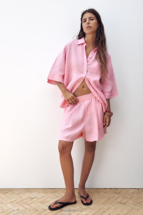 moterys Zara Lininiai šortai su diržu kramtomoji guma apranga 4N488607