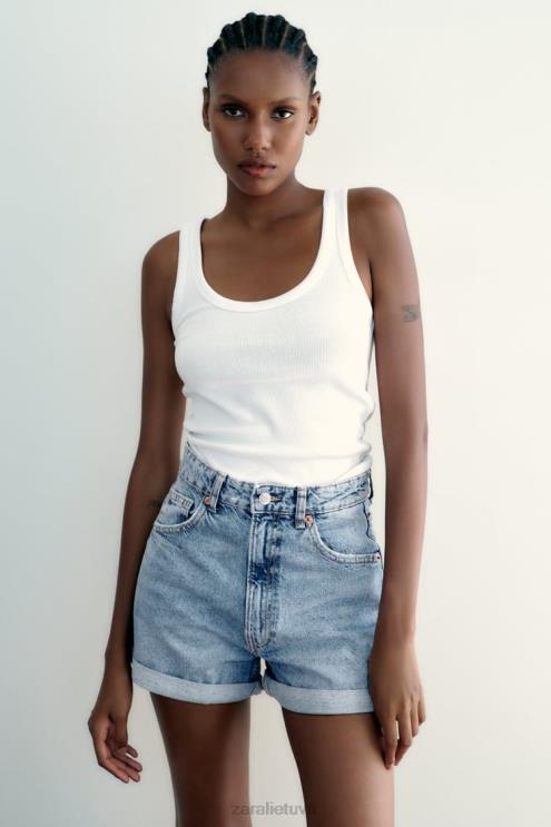 moterys Zara TRF aukštu liemeniu mamai tinkantys džinsiniai šortai mėlyna apranga 4N488546