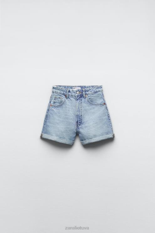 moterys Zara TRF aukštu liemeniu mamai tinkantys džinsiniai šortai mėlyna apranga 4N488546