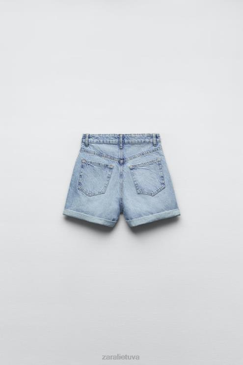 moterys Zara TRF aukštu liemeniu mamai tinkantys džinsiniai šortai mėlyna apranga 4N488546