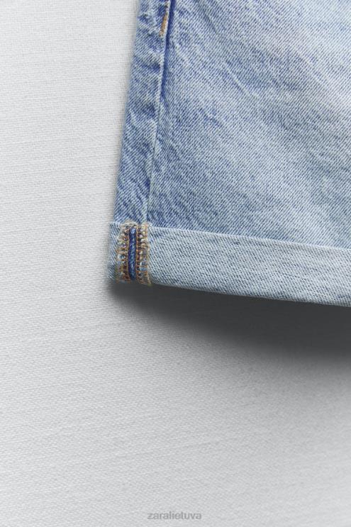 moterys Zara TRF aukštu liemeniu mamai tinkantys džinsiniai šortai mėlyna apranga 4N488546