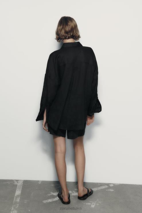 moterys Zara aukšti lino mišinio šortai juodas apranga 4N488559