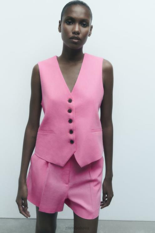 moterys Zara aukšti lino mišinio šortai rožinis apranga 4N488571